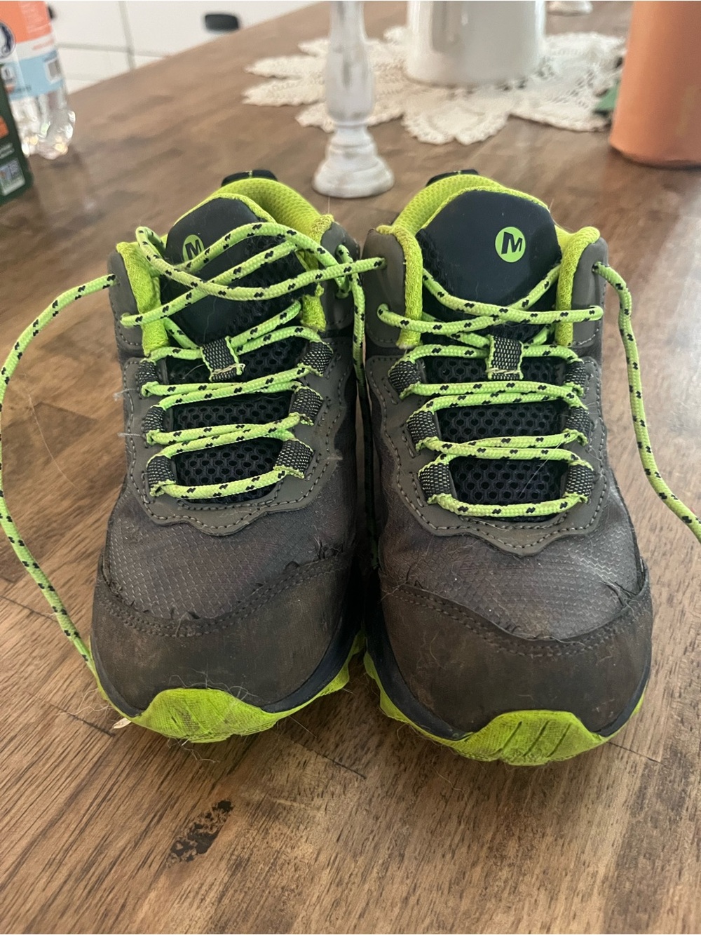 Kids Merrell Gray and Neon Green Hiking Shoes